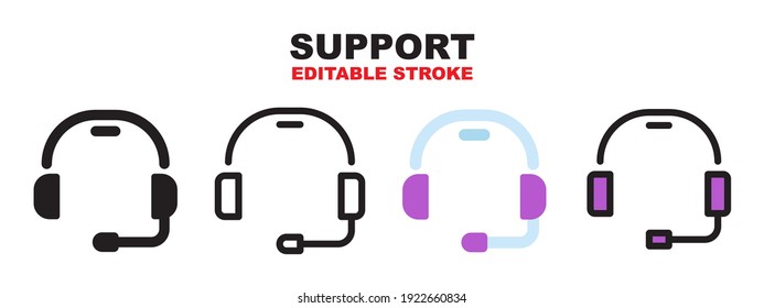 Support icon set with different styles. Colored vector icons designed in filled, outline, flat, glyph and line colored. Editable stroke style can be used for web, mobile, ui and more.