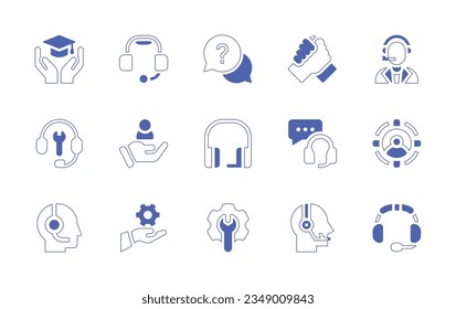 Symbol-Set für Support. Duotone Stil Linie Strich und fett. Vektorgrafik. Mit Wissen, Kopfhörer, Hilfe, Zusammenarbeit, Kunden, Support, Kopfhörer, Dienstleistungen, Ziel, Anruf, Zentrum, Agenten.