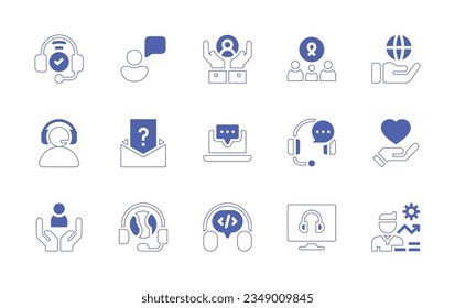 Support icon set. Duotone style line stroke and bold. Vector illustration. Containing survey, feedback, customer, care, support, global, services, help, desk, question, headphones, online, investment.