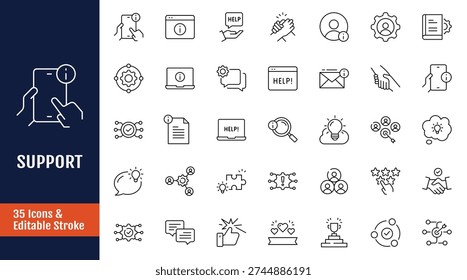 Support icon set. Icons related to technical support, helpline, call center, mutual aid, service, help, hotline, assistance and more. Outline icon with Editable stroke. Vector illustration