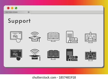 support icon set. included chemistry, cap, ebook, online-learning, touchscreen icons on white background. linear, filled styles.