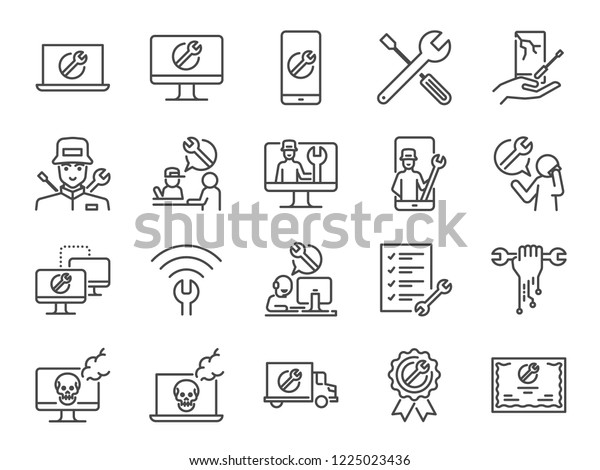 IT support icon set. Included the icons as tech\
support, technician, broken computer, mobile, technical help desk,\
onsite services and more.