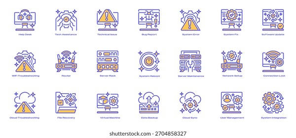 Ícones de suporte de TI definem ícones de linha, símbolos de estrutura de tópicos para assistência técnica, manutenção do sistema, resolução de problemas, solução de problemas de dispositivos e gerenciamento de rede. Coleção de sinais vetoriais.