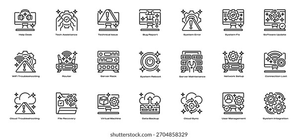Ícones de suporte de TI definem ícones de linha, símbolos de estrutura de tópicos para assistência técnica, manutenção do sistema, resolução de problemas, solução de problemas de dispositivos e gerenciamento de rede. Coleção de sinais vetoriais.