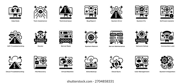 IT Support Icon Set Line Icons, Outline Symbols for Technical Assistance, System Maintenance, Issue Resolution, Device Troubleshooting, and Network Management. Vector Sign Collection.