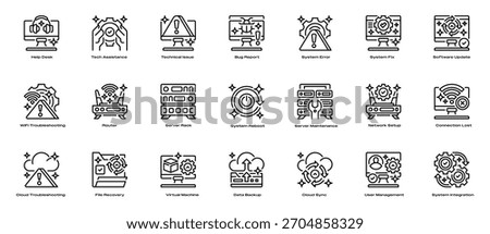 IT Support Icon Set Line Icons, Outline Symbols for Technical Assistance, System Maintenance, Issue Resolution, Device Troubleshooting, and Network Management. Vector Sign Collection.