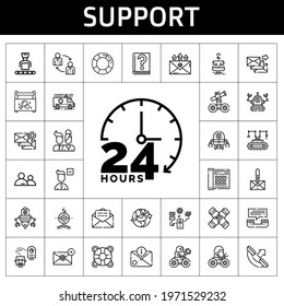 Support Icon Set. Line Icon Style. Support Related Icons Such As Lifesaver, Telephone, Ambulance, Remove User, Users, Robot, Teamwork, 24 Hours, Toolbox, Phone Call, User