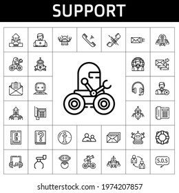 support icon set. line icon style. support related icons such as robot, lifebuoy, phone book, teamwork, phone, sos, headphones, telephone, user, email, guide, info