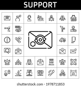 Support Icon Set. Line Icon Style. Support Related Icons Such As Father And Son, Customer Service, Rating, Lifesaver, E Commerce, Ambulance, Robot, Phone, Add User, 24 Hours