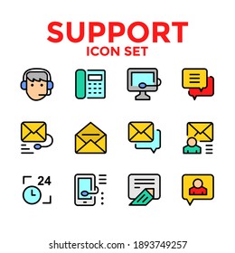 Support icon set, solid icon include Customer service, phone, mail, review, assistant, message and more design illustration vector on white background