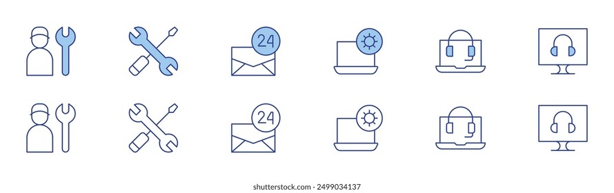 Support icon set in two styles, Duotone and Thin Line style. Editable stroke. specialist, settings, service, mail, laptop, online support.