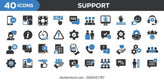 Support icons collection. Related help, service, forum. Solid colors style icons. Vector illustration isolated on white background