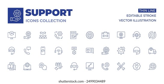 Support icons collection. Thin Line icons, editable stroke. technical support, tech support, target, hours support, hours, ticket, settings.