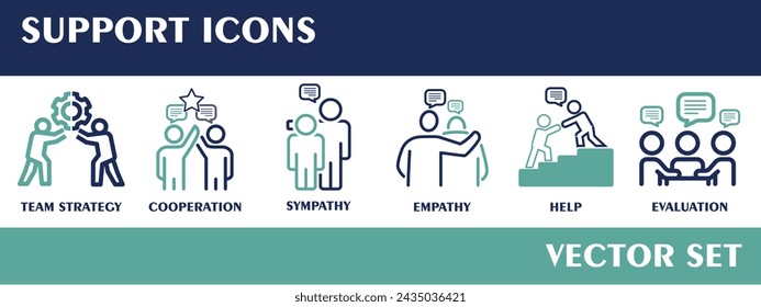 Support icons. Containing team strategy, cooperation, sympathy, empathy, help, evaluation. Vector set. 600 px X 600 px icon. 