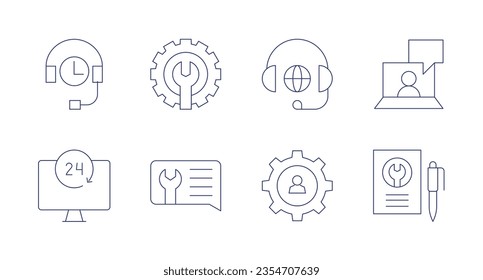 Support icons. Editable stroke. Containing hours support, technical, online, online support, hours, ticket, management, report.