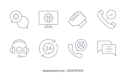 Iconos de soporte. Trazo editable. Conteniendo soporte, configuración, manos, cheque, soporte de horas, asistencia al cliente, chat.