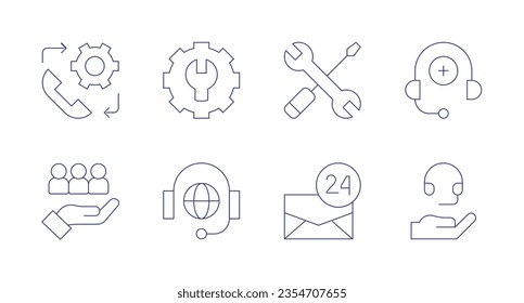 Iconos de soporte. Trazo editable. Con soporte técnico, configuración, servicio, asistencia médica, destino, soporte, correo, auriculares.