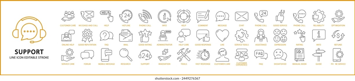 Support Icons. Support Icon Set. Support Line Icons. Vector Illustration. Editable Stroke.