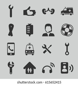 Support icons set. set of 16 support filled icons such as ribbon, wrench, wrench and screwdriver, drop counter, kidney, hand with heart, ambulance, support, family home