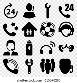 Support icons set. set of 16 support filled icons such as 24 hours, call, wrench, kidney, operator, family home, energetic drink, lifebuoy, headset