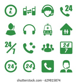 Support icons set. set of 16 support filled icons such as call, headset, operator, connected phone, ambulance, family home, info, 24 hours, user group