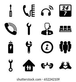 Support icons set. set of 16 support filled icons such as chair, wrench, screwdriver, kidney, heart tag, call, family home, help support, info, energetic drink, headset, phone