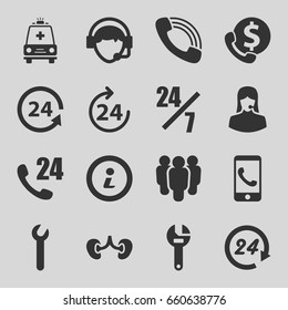 Iconos de soporte. conjunto de 16 iconos de soporte como 24 horas, llave, riñón, llamada, operador, ambulancia, información, llamada telefónica