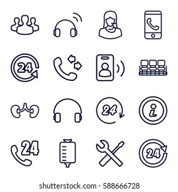 support icons set. Set of 16 support outline icons such as chair, call, wrench and screwdriver, drop counter, kidney, headset, info, 24 hours, user group