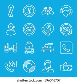 support icons set. Set of 16 support outline icons such as ribbon, heart tag, hand with heart, operator, connected phone, ambulance, call, info, 24 hours