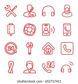 Support icons set. set of 16 support outline icons such as ribbon, wrench, wrench and screwdriver, drop counter, headset, call, family home, lifebuoy