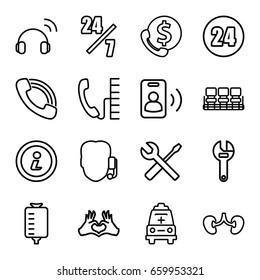 Support icons set. set of 16 support outline icons such as chair, wrench, wrench and screwdriver, drop counter, kidney, heart tag, call, ambulance, info, headset, phone