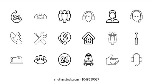 Support icons. set of 18 editable outline support icons: 24 hours, screwdriver, group, ambulance, family home, user group, call, vice clamp, wrench and screwdriver, heart tag