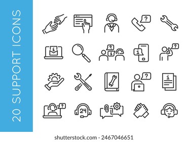 Support-Symbole. Set von 20 Kundenservice trendige Minimal-Icons. Handset, Live-Chat, Headset, FAQ, Rückmeldung-Symbol. Designschilder für Web-Seite, mobile App, Verpackungsdesign. Vektorillustration.