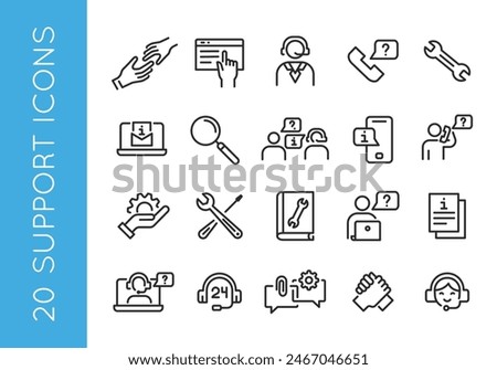 Support icons. Set of 20 customer service trendy minimal icons. Handset, Live Chat, Headset, FAQ, Feedback icon. Design signs for web page, mobile app, packaging design. Vector illustration.