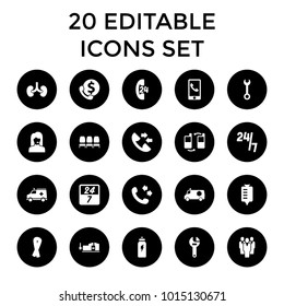 Support icons. set of 20 editable filled support icons such as ribbon, call, wrench, vice clamp, drop counter, ambulance. best quality support elements in trendy style.