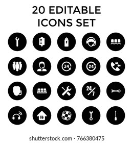 Support icons. set of 20 editable filled support icons such as chair, wrench, group, drop counter, operator, family home, 24 hours, energetic drink, lifebuoy, headset, call