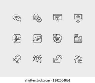 Support icons set. 24/7 and support icons with review, ecommerce and chat. Set of discussion for web app logo UI design.
