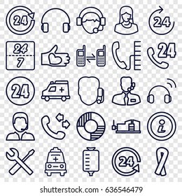 Support icons set. set of 25 support outline icons such as 24 hours, ribbon, call, vice clamp, wrench and screwdriver, drop counter, hand with heart, headset, operator