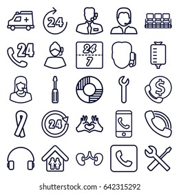 Support icons set. set of 25 support outline icons such as 24 hours, chair, ribbon, screwdriver, wrench and screwdriver, drop counter, kidney, heart tag, headset, call