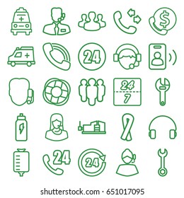 Support icons set. set of 25 support outline icons such as ribbon, call, wrench, vice clamp, drop counter, headset, operator, ambulance, 24 hours, user group, lifebuoy