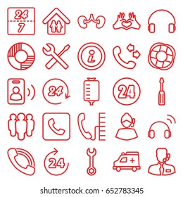 Support icons set. set of 25 support outline icons such as 24 hours, call, wrench, screwdriver, wrench and screwdriver, drop counter, kidney, heart tag, headset, ambulance