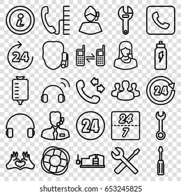 Support icons set. set of 25 support outline icons such as 24 hours, call, wrench, screwdriver, vice clamp, wrench and screwdriver, drop counter, heart tag, headset