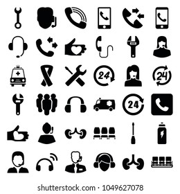 Support icons. set of 36 editable filled support icons such as chair, call, wrench, group, kidney, phone call, hand with heart, ambulance, 24 hours, energetic drink, headset