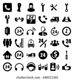 Support icons set. set of 36 support filled icons such as 24 hours, ribbon, call, wrench, screwdriver, vice clamp, wrench and screwdriver, drop counter, kidney, heart tag