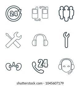 Support icons. set of 9 editable outline support icons such as group, kidney, 24 hours, wrench, wrench and screwdriver, headset