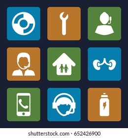 Support icons set. set of 9 support filled icons such as kidney, operator, support, family home, energetic drink, lifebuoy, wrench
