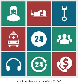 Support icons set. set of 9 support filled icons such as wrench, vice clamp, headset, ambulance, 24 hours