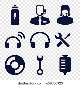 Support icons set. set of 9 support filled icons such as wrench, wrench and screwdriver, drop counter, headset, energetic drink