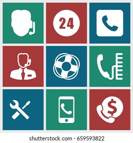 Support icons set. set of 9 support filled icons such as wrench and screwdriver, call, lifebuoy, phone, 24 hours
