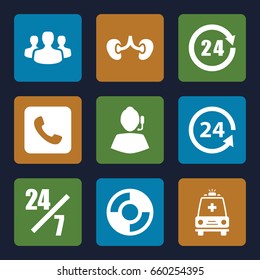 Support icons set. set of 9 support filled icons such as kidney, ambulance, call, 24 hours, user group